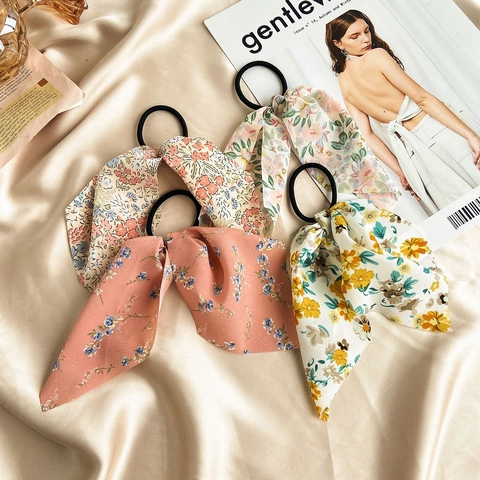 Floral Ribbon Hair Scrunchies Chiffon Bow Elastic Hair Ties Vintage French Style Ponytail Holder For Women Girls