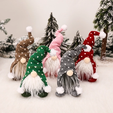 Gnome De Noël Ornements Bonnet En Tricot Avec Motif De Coeur Longue Barbe En Fausse Fourrure Poupées Peluche Décoration