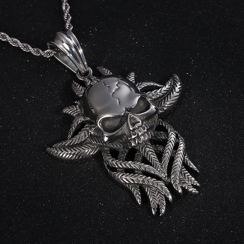 Pendente Teschio Collana Da Uomo Acciaio Inossidabile Stile Punk Gotico Piuma Ali Gioielli