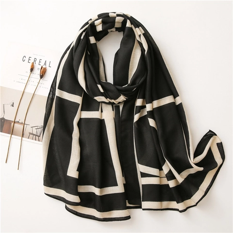 Sciarpa Scialle Geometrico Donna Poliestere Effetto Cotone Stampa Lettere Spiaggia Vacanza Parasole Leggero Elegante