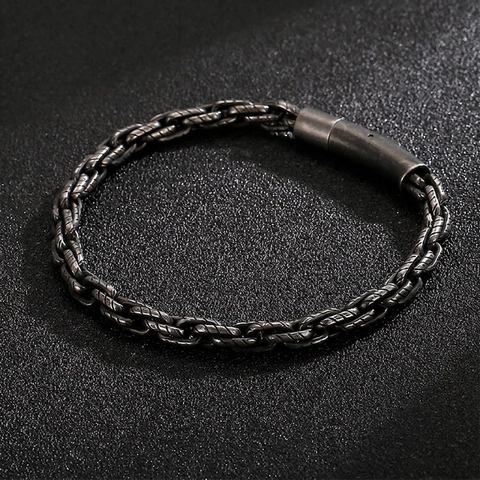 Herren Gliederarmband Geflochten 316L Edelstahl Retro Gunmetal Grau Hip Hop Punk Schmuck Mit Zylinderverschluss