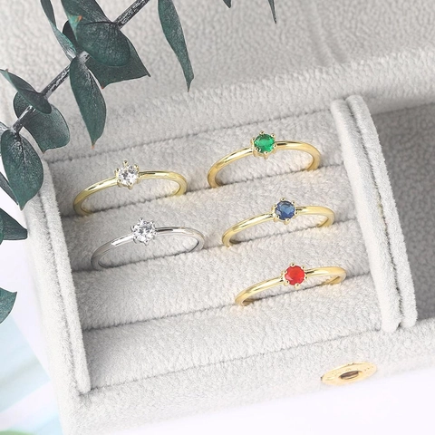 Anello Rame Placcato Oro Zirconia Cubica Tonda Incastonatura Griffe Fascia Sottile Minimalista Gioielli Matrimonio Donna