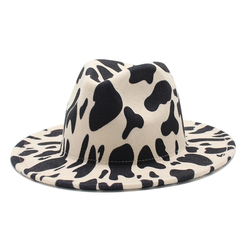 Vintage Cow Print Fedora Hat Wide Brim Cotton Polyester Felt Jazz Cap For Women Men British Style Fashion Accessory