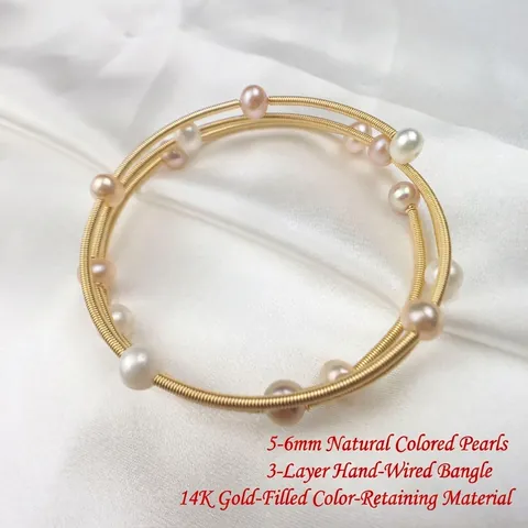 Handmade 14K Gold Filled Triple Layer Spiral Freshwater Pearl Bracelet For Women Multicolor Pearl Copper Alloy Bangle Jewelry
