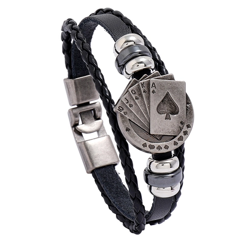 Bracciale In Pelle Intrecciata Con Ciondolo Carta Da Poker In Lega Royal Flush Stile Punk Gioielli Da Uomo Gotico
