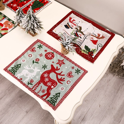 Christmas Placemats Jacquard Cotton Blend Santa Snowman Reindeer Tree Table Mat Heat Resistant Festive Home Dining Decoration