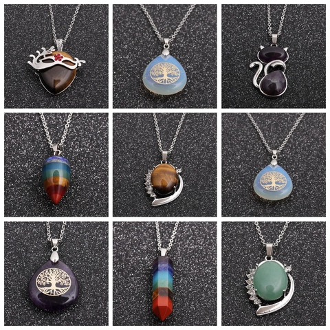 7 Chakra Healing Natural Stone Pendant Necklace Stainless Steel Chain Bohemian Ethnic Jewelry For Women Men