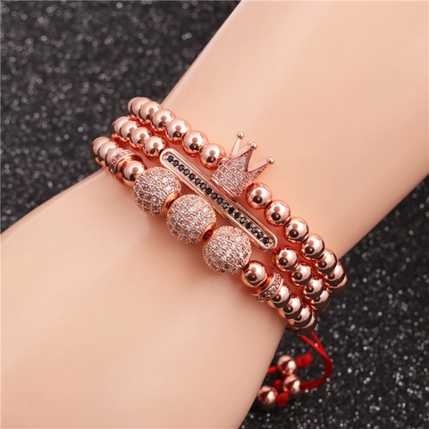 Luxury Stainless Steel Copper Beaded Bracelet Combination With Crown Skull Roman Numerals Zirconia Hip Hop Punk Men Jewelry