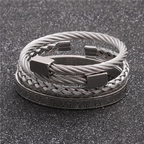 Men Stainless Steel Bracelet Roman Numerals Woven Cable Cuff Bangle Belt Buckle Design