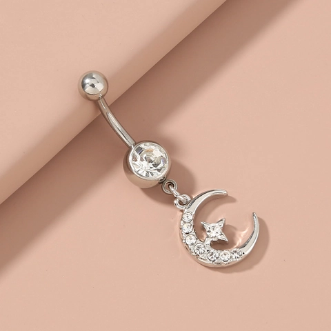 Navelpiercing Maan Ster Roestvrij Staal Legering Strass Navel Piercing Sieraden Voor Vrouwen Sexy Zilvertint