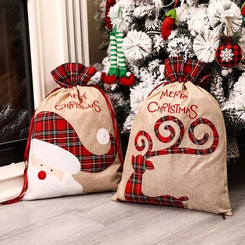 Weihnachts Geschenktüte Leinen Jute Kordelzugbeutel Karierter Rand Weihnachtsmann Rentier Applikation Stickerei Deko
