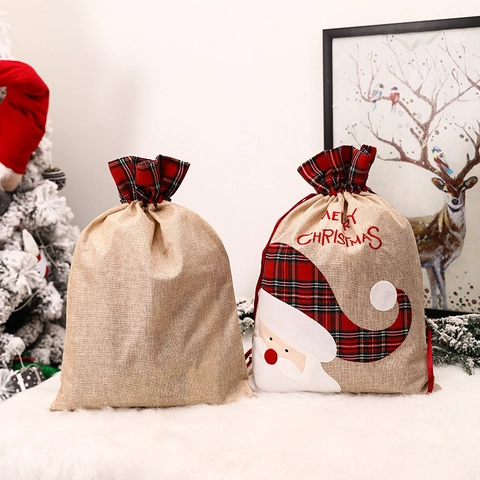 Weihnachts Geschenktüte Leinen Jute Kordelzugbeutel Karierter Rand Weihnachtsmann Rentier Applikation Stickerei Deko