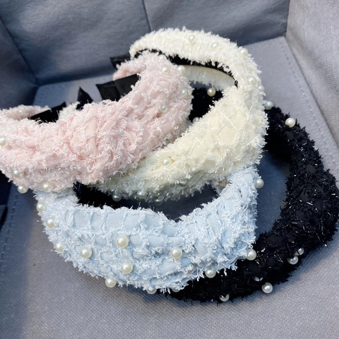 Women Sweet Knotted Headband Tweed Fabric Hairband With Artificial Pearl Solid Color Wide Border Korean Style Headwear