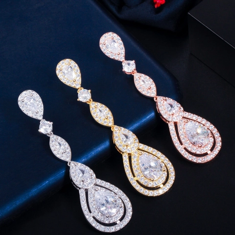 Boucles D'oreilles Longues De Luxe En Forme De Goutte D'eau Pour Femmes Cuivre Avec Zircon Et Tige En Argent