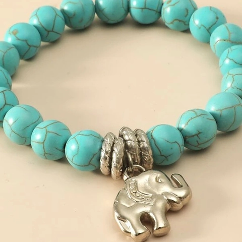 Bracelet Bohème Avec Turquoise Et Pendentif Éléphant Hibou En Alliage Style Ethnique Vintage Bijoux Perles Femme