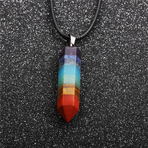 Multicolor Healing Crystal Pendant Necklace Chakra Natural Stone Hexagonal Column Ethnic Boho Wax Rope Jewelry For Women Men