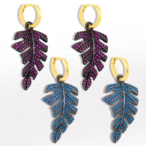 Monstera Leaf Drop Hoop Earrings Copper 18K Gold Plated Colorful Cubic Zirconia Tropical Plant Boho Style Women