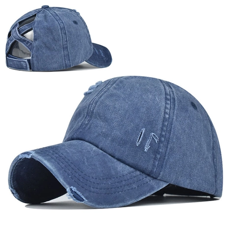 Gorra De Béisbol Coleta Algodón Lavado Cruzado Distressed Roto Sombrero Sol Mujer Ajustable