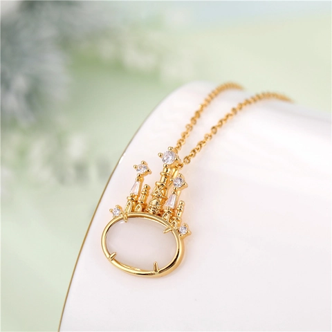 18K Gold Plated Titanium Steel Necklace Dreamy Castle Pendant Cat Eye Stone Rhinestone Fashion Jewelry For Women