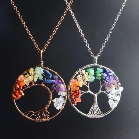Tree Of Life Pendant Necklace Natural Stone Crystal Handmade Copper Wire Wrapped Chakra Healing Reiki Jewelry Women