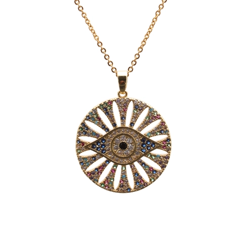Evil Eye Pendant Necklace Copper Multi Color Cubic Zirconia Hamsa Hand Boho Jewelry For Women Gold Plated Gift