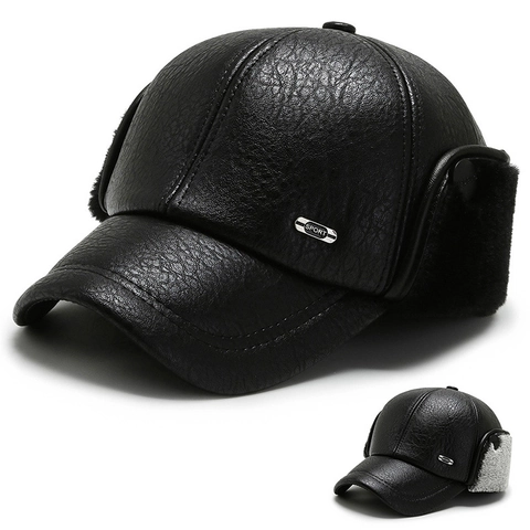 Men Winter Baseball Cap PU Leather Ear Flaps Warm Faux Fur Lining Windproof Solid Black Outdoor Sport Hat