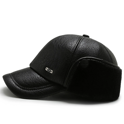 Men Winter Baseball Cap PU Leather Ear Flaps Warm Faux Fur Lining Windproof Solid Black Outdoor Sport Hat