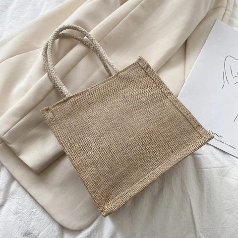 Women Handbag Canvas Jute Splicing Portable Lunch Bag Fruit Bread Pattern Japanese Style Student Shopping Tote