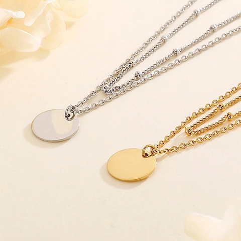 Double Layer Necklace 316L Stainless Steel Round Disc Pendant Minimalist Bead Chain Clavicle Jewelry For Women
