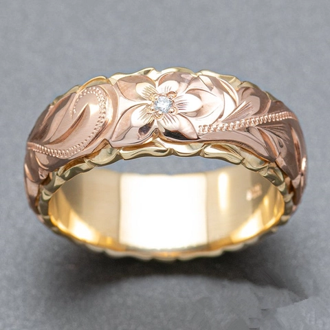 Dual-Tone Gegraveerde Roos Bloem Ring Koper Vrouwen Hawaiiaanse Stijl Brede Band Sieraden Met Zirkonia Cadeau