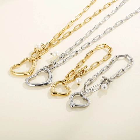 Collana E Bracciale Con Pendente A Cuore In Acciaio Inossidabile Con Perla Artificial Catena Paperclip Chiusura T-Bar Gioielli Minimalisti Per Donna