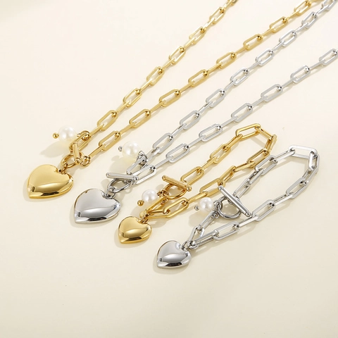 Combinación Collar Pulsera Con Colgante Corazón De Acero De Titanio Para Mujeres Cadena Clip Perla Artificial Cierre De Palanca