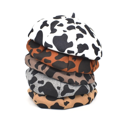 Cow Print Beret Hat For Women Vintage Woolen Felt Painter Hat Warm Winter Harajuku Style Octagonal Cap
