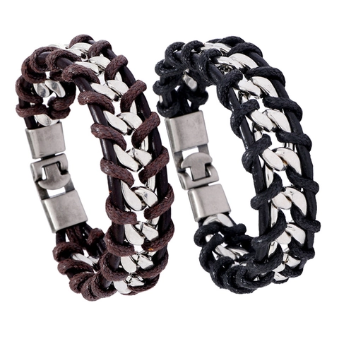Bracciale Da Uomo In Pelle Di Vacchetta Intrecciata Con Catena In Metallo Punk Retro Fatto A Mano Alla Moda