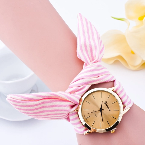 Women Quartz Watch Striped Fabric Scarf Strap Bow Knot Round Dial Casual Analog Wristwatch For Girls