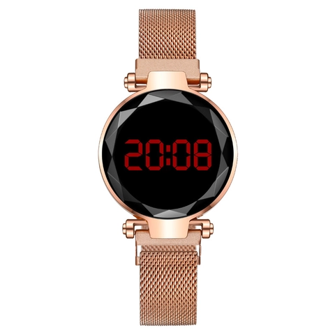 Women Fashion LED Digital Watch With Metal Mesh Strap Magnetic Buckle Diamond Cut Glass Mirror Minimalist Luxury
