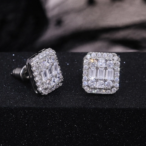 Boucles Oreilles Clous Rectangulaires Cuivre Plaqué Or Blanc Zircone Coupe Baguette Halo Iced Out Hip Hop Luxe Femmes