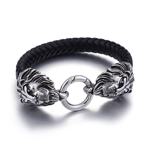 Bracciale Uomo Pelle Intrecciata Acciaio Inossidabile Testa Di Leone Teschio Punk Gotico Gioielli Hip Hop Accessorio