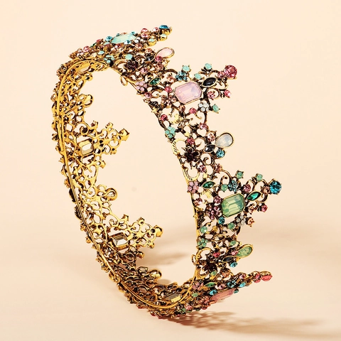 Barokke Vintage Gouden Legering Kroon Met Gekleurde Strass-Steentjes Voor Bruiloft Bruid Feest Vrouwen Retro Ronde Tiara