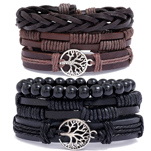 Vintage Multi Layer Braided Cowhide Leather Bracelet With Alloy Tree Of Life Pendant For Men