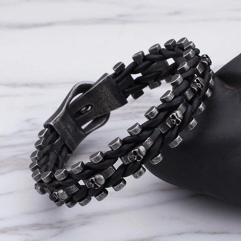 Pulsera De Cuero Trenzado Punk Vintage Para Hombre Con Calaveras De Acero Inoxidable 316L Joyería Gótica