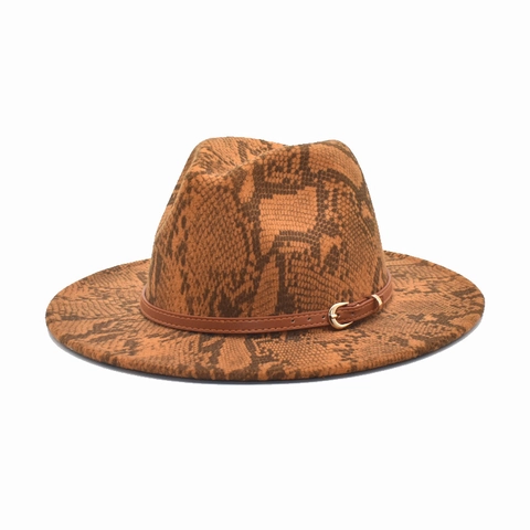 Cappello Fedora Motivo Serpente Tesa Larga Misto Lana Poliestere Stile Jazz Con Cintura In Similpelle E Fibbia Dorata