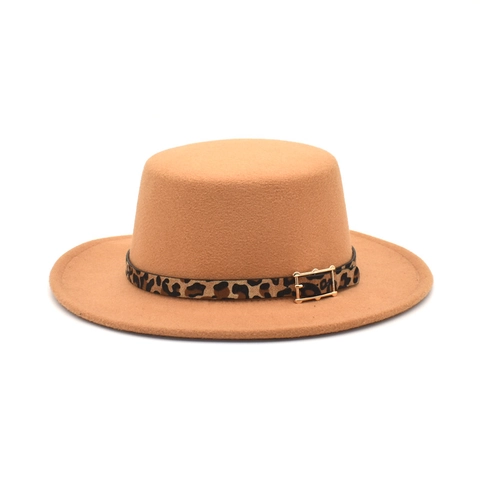 Vintage Woolen Felt Flat Top Boater Hat With Leopard Print Band Gold Buckle Wide Brim Solid Color Jazz Hat For Women