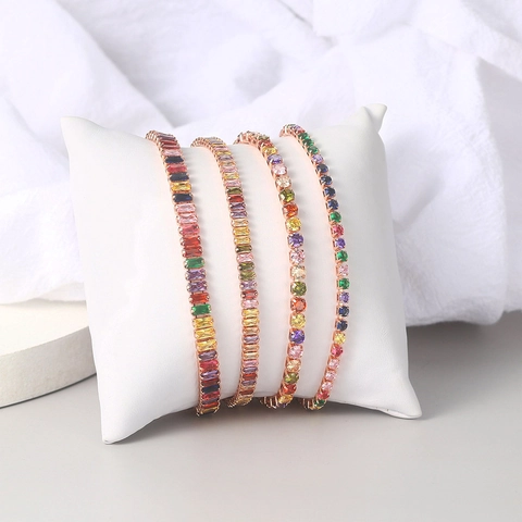 Colorful Zircon Tennis Bracelet Adjustable Bolo Slider Rainbow Baguette Round Cut Copper Jewelry For Women