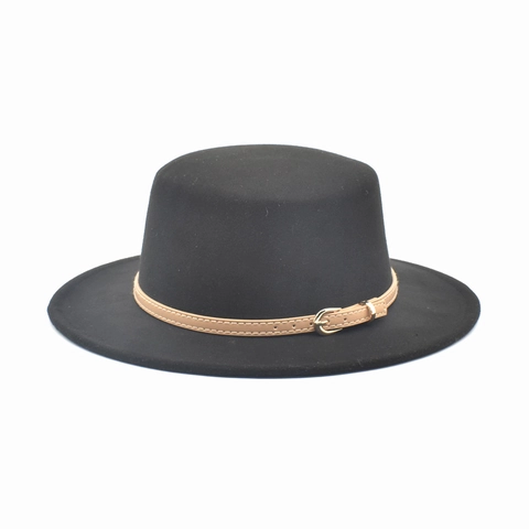 Vintage Wool Felt Boater Hat Flat Top Wide Brim With Leather Belt Buckle Winter Warm British Style Jazz Cap For Adult