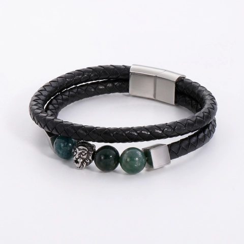 Bracciale Uomo Doppio Strato Acciaio Inossidabile Pelle Intrecciata Perline Pietra Naturale Ciondolo Leone Stile Punk Chiusura Magnetica