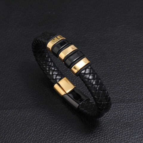 Pulsera De Cuero Trenzado Para Hombre Acero Inoxidable Cierre Magnético Bicolor Negro Oro Joyería Minimalista