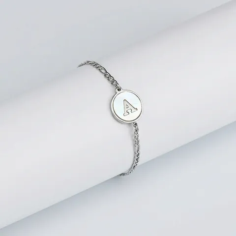 Figaro Chain Bracelet Stainless Steel Round Mother Of Artificial Pearl Initial Letter Charm Minimalist Jewelry For Women