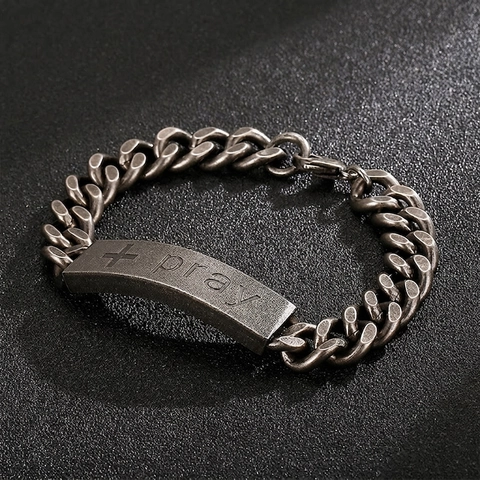 Men Vintage Stainless Steel Bracelet Cuban Link Chain With Engraved Pray Cross Plate Punk Hip Hop Jewelry Gift