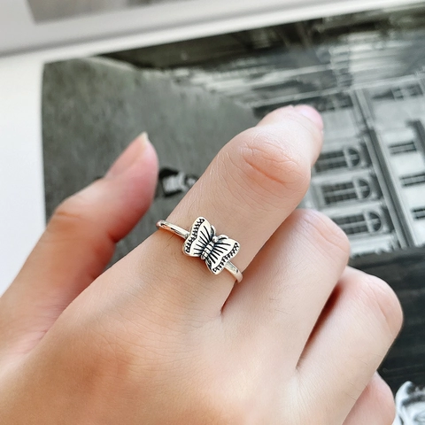 Schmetterling Ring 925 Sterling Silber Vintage Oxidiert Offen Verstellbar Finger Schmuck Retro Mode Accessoire Damen